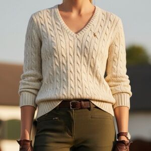 Ralph Lauren Sport Vintage White Cable Knit V Neck Sweater